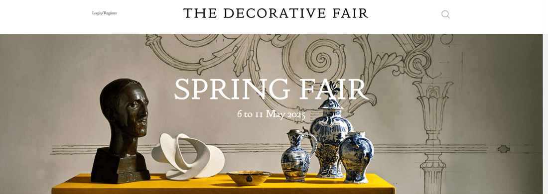 Spring Fair exhibition at The Decorative Fair featuring artistic sculptures and blue patterned vases display