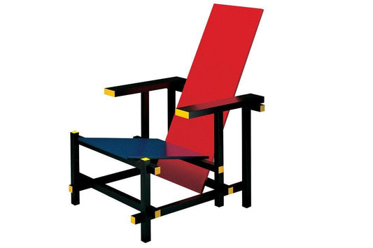 Minimalist red and blue chair with black frame showcasing iconic dutch design style
