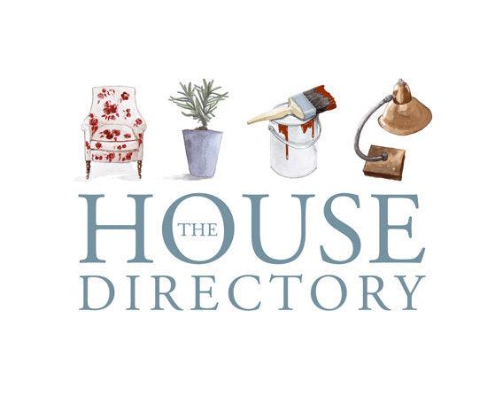 Logo of The House Directory with illustrations of a chair, plant, paint can and desk lamp for listed house directory