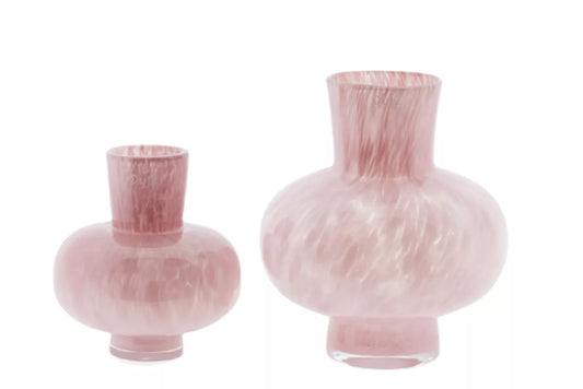 Lowlands Design set of two handmade glass pink decorative vase with marbled swirl texture and rounded bodies