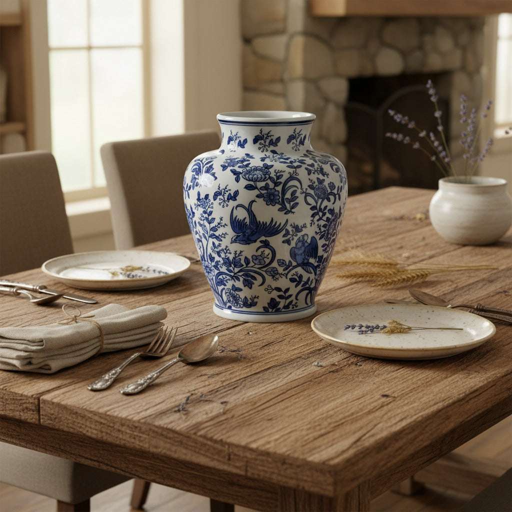 Lowlands Design Blue and White Porcelain Jar displayed elegantly on a dining table with rustic decor