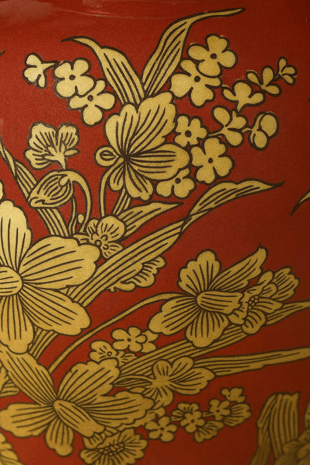 Chinoiserie Ginger Jar Pot Red Gold Porcelain with intricate floral designs and elegant craftsmanship