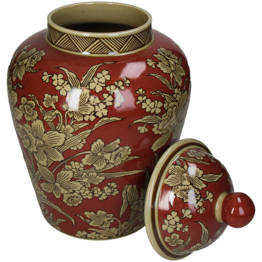 Chinoiserie Ginger Jar Pot Red Gold Porcelain featuring floral designs and a decorative lid