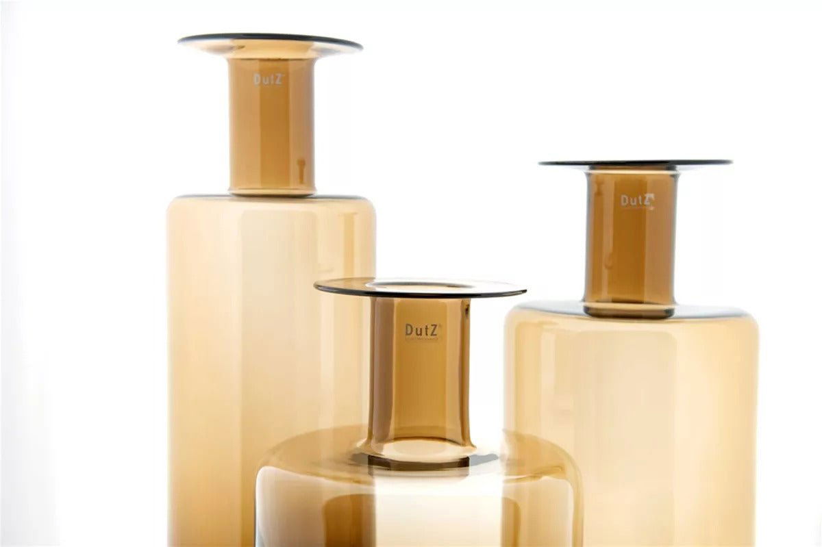 Lowlands Design amber glass bottle vase set with tall cylindrical shapes perfect for modern decor