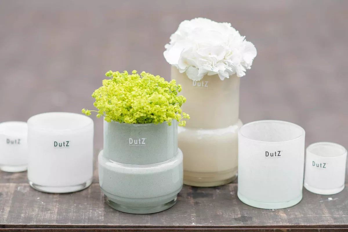 Elegant glass light grey vase plant pot collection from Lowlands Design, ideal for floral displays.