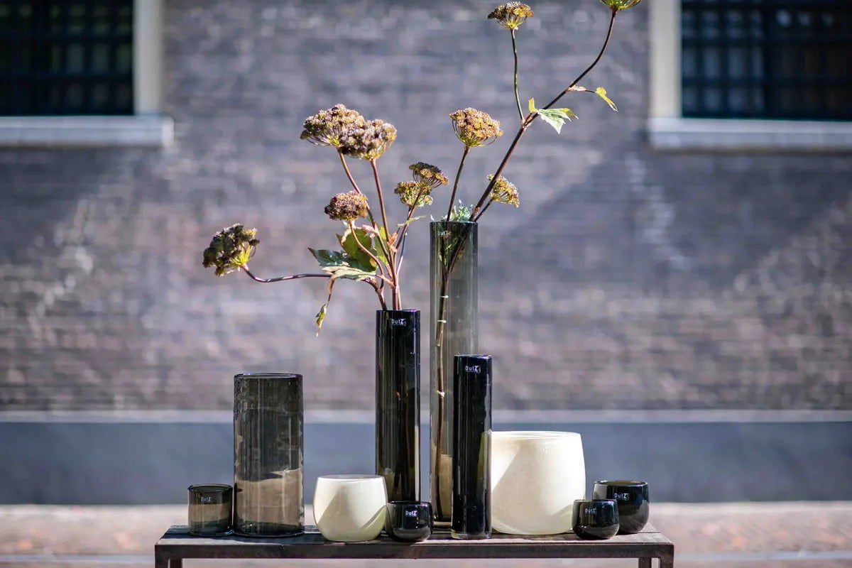 Lowlands Design glass pot collection in various shapes and sizes with dried flowers on display