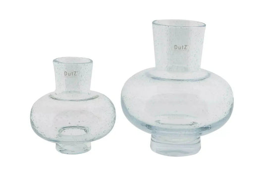 Clear glass vase set by Lowlands Design featuring unique rounded shapes and subtle bubble texture