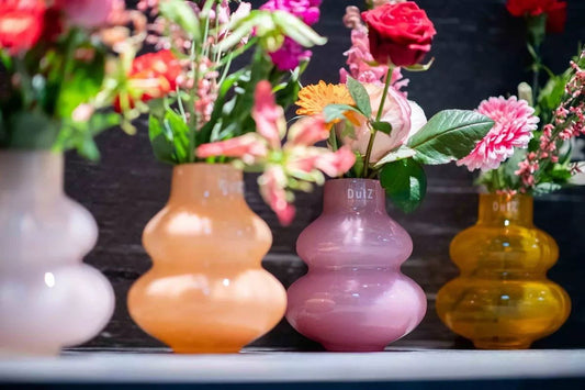 Lowlands Design handmade dutz vase trio in pastel orange pink and amber with mixed flowers on shelf