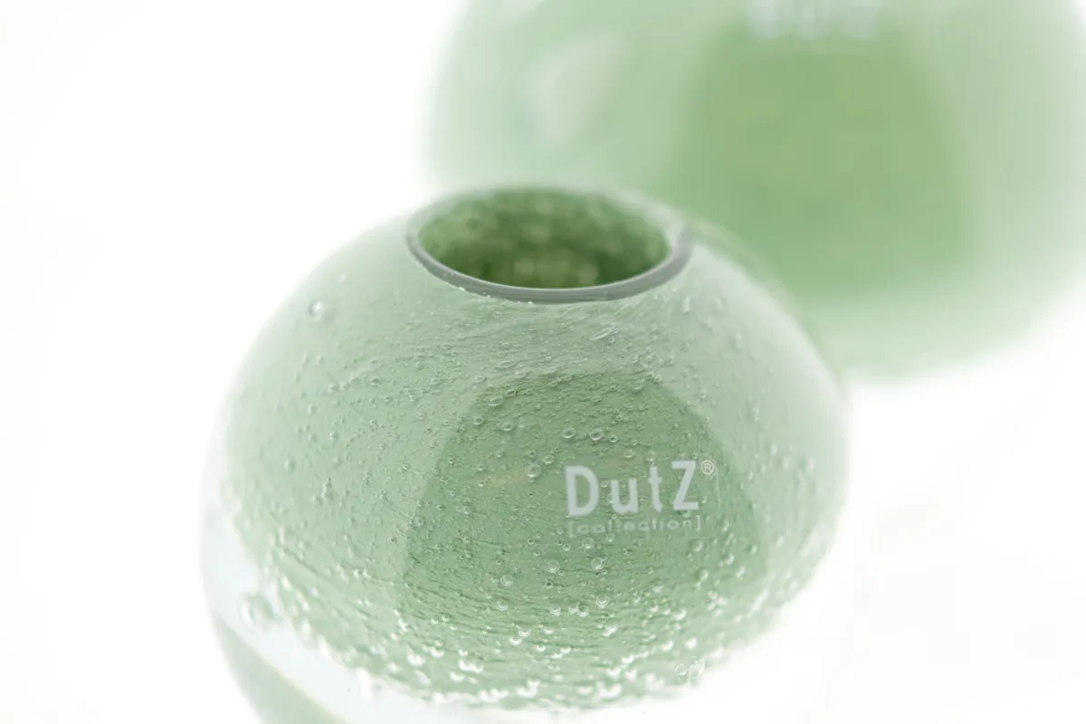 Green Lowlands Design handmade glass ball vase for home decor with textured bubble finish close up