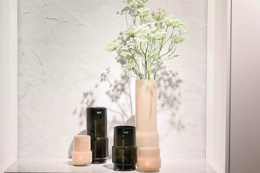Lowlands Design tall blush vase with white flowers and grouped cylinders in smoky tones handmade smoky glass home decor