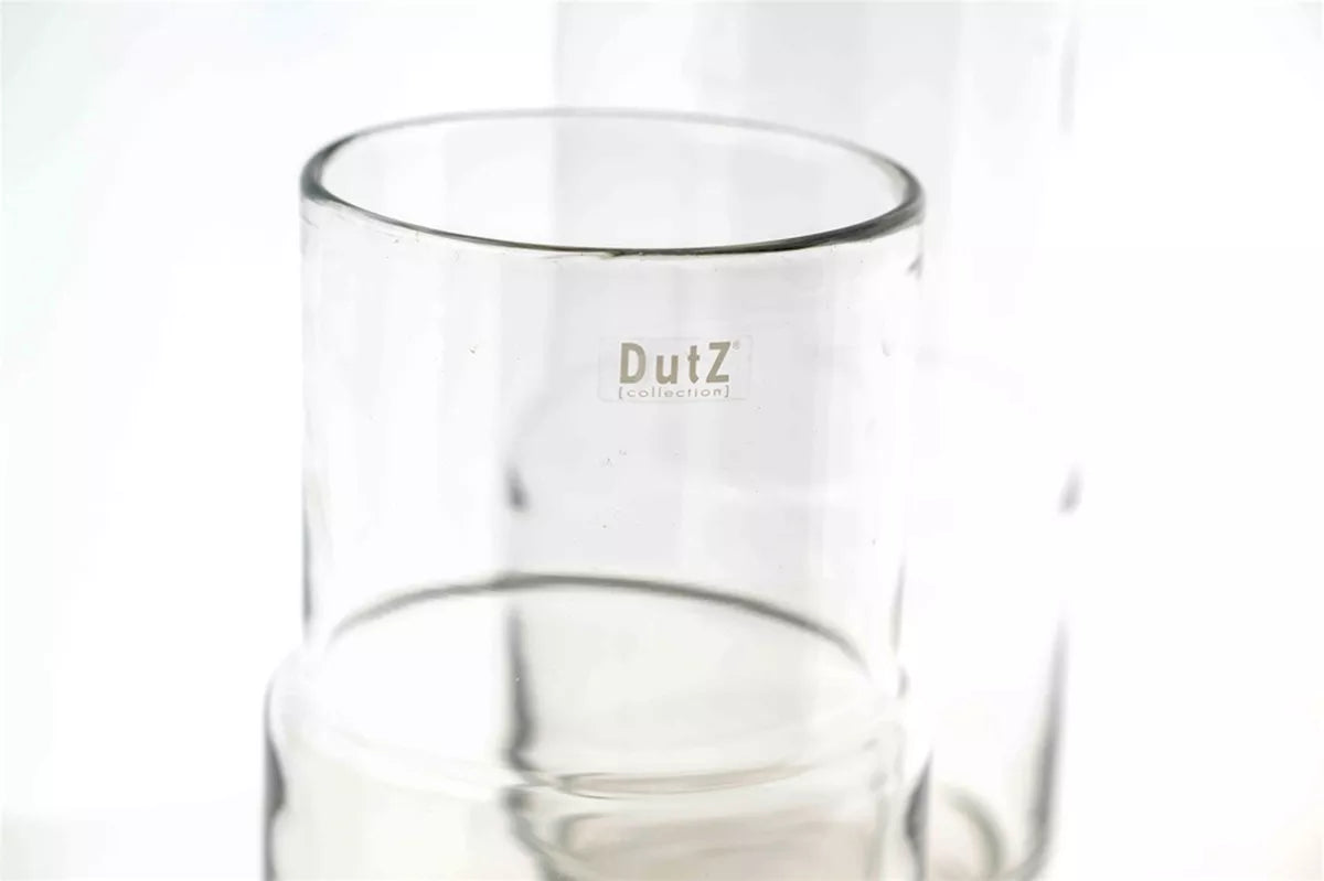 Lowlands Design luxury home decor clear glass vase with DutZ logo cylindrical design for modern minimalist interiors