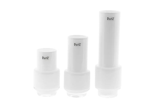 Set of three DutZ white mouthblown glass table vases in various heights for elegant floral displays