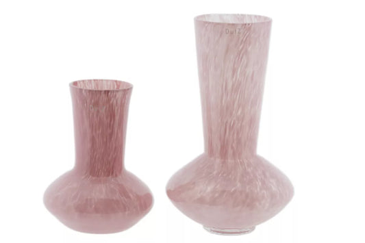 Lowlands Design rose pink glass vase pair with speckled texture one tall and one short