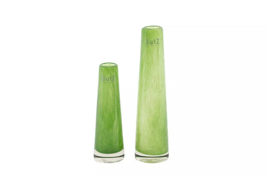 Green glass solifleur vase set by Lowlands Design with a tall and a short sleek design