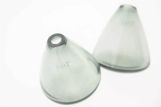 Lowlands Design tumbling vase in translucent grey glass with unique cone shape design