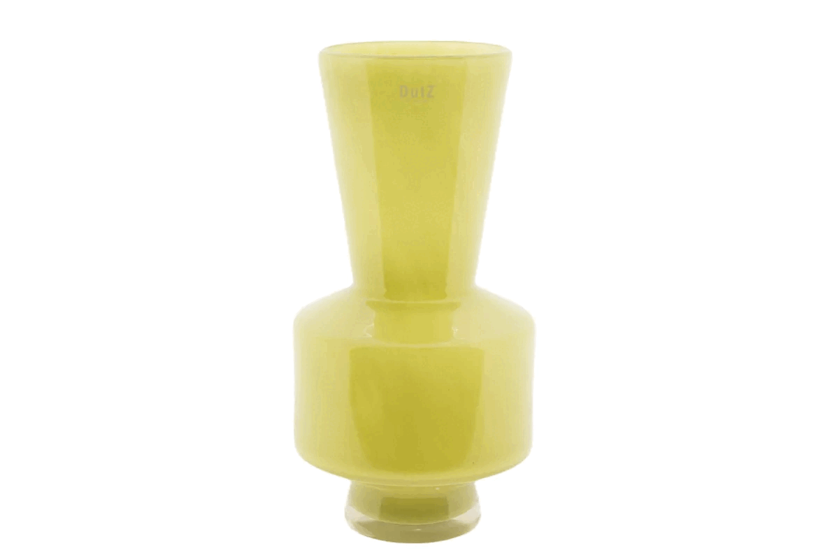 Lowlands Design glossy yellow green design vase with tall neck and bulbous base unique coloured yellow green vase for gifts