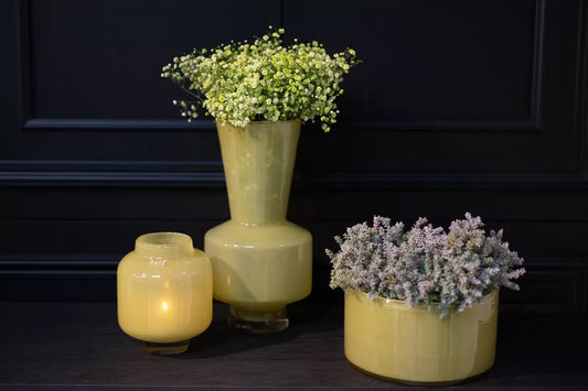 Lowlands Design trio of unique coloured yellow green vase for gifts in three glass shapes with flowers