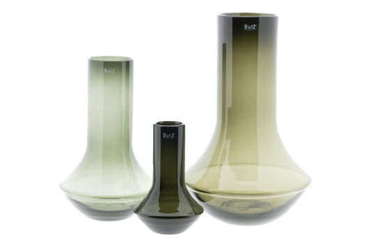 Set of three Lowlands Design vase glass pieces in varying sizes and greenish hues