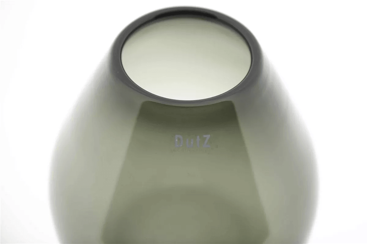 Lowlands Design modern grey glass vase with a wide rounded base and narrow opening