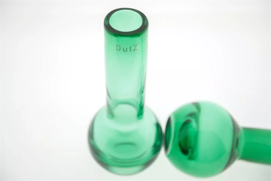 Lowlands Design green glass vase with tall narrow neck and round base in modern style