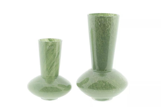 Pair of green glass vases by Lowlands Design with a textured finish and modern shape