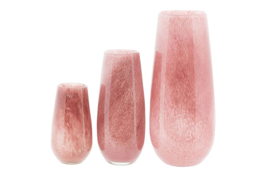 Set of three pink glass vases by Lowlands Design in varying sizes with a textured finish
