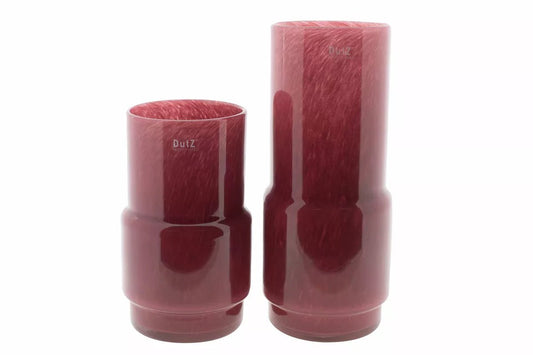 Two Lowlands Design red glass vases with smooth cylindrical shapes in different sizes