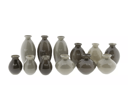 Lowlands Design ceramic vase set in neutral shades of gray and brown with various shapes and sizes