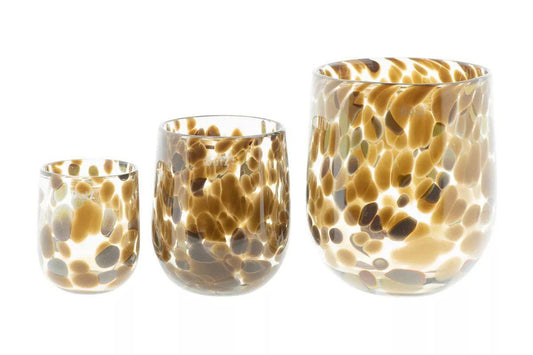 Lowlands Design barrel vase set with brown and beige spotted glass design in three sizes