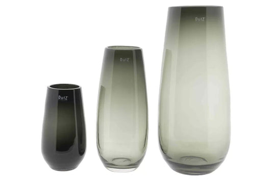 Set of three Lowlands Design glass vases in varying sizes with smoky grey gradient finish