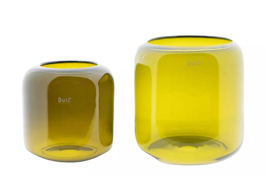 Set of two yellow glass vases by Lowlands Design with rounded square shapes and smooth finish
