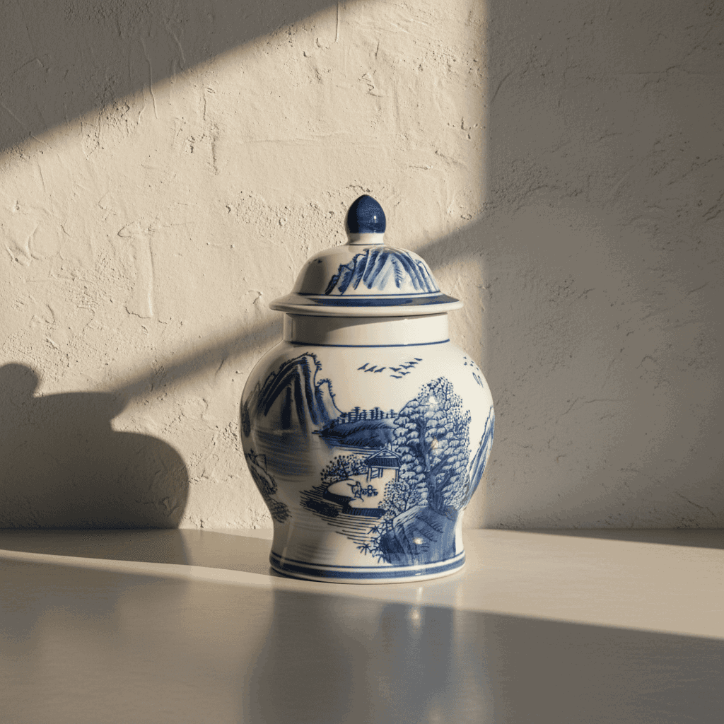 Chinoiserie Ginger Jar Pot & Vase Ermelo - 19x15x15cm - White Blue Porcelain