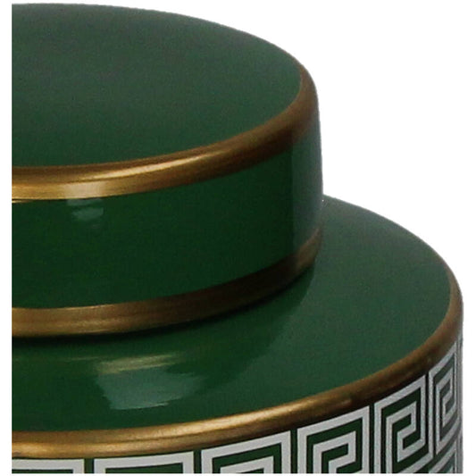 Elegant Ginger Jar Pot Green Porcelain ceramic with Gold Detailing and Geometric Pattern
