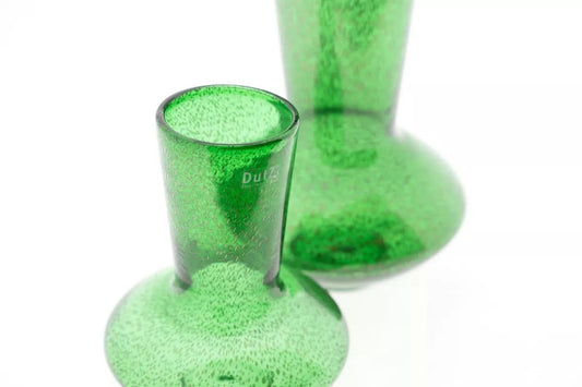 Green glass vase by Lowlands Design with textured bubble pattern and wide base