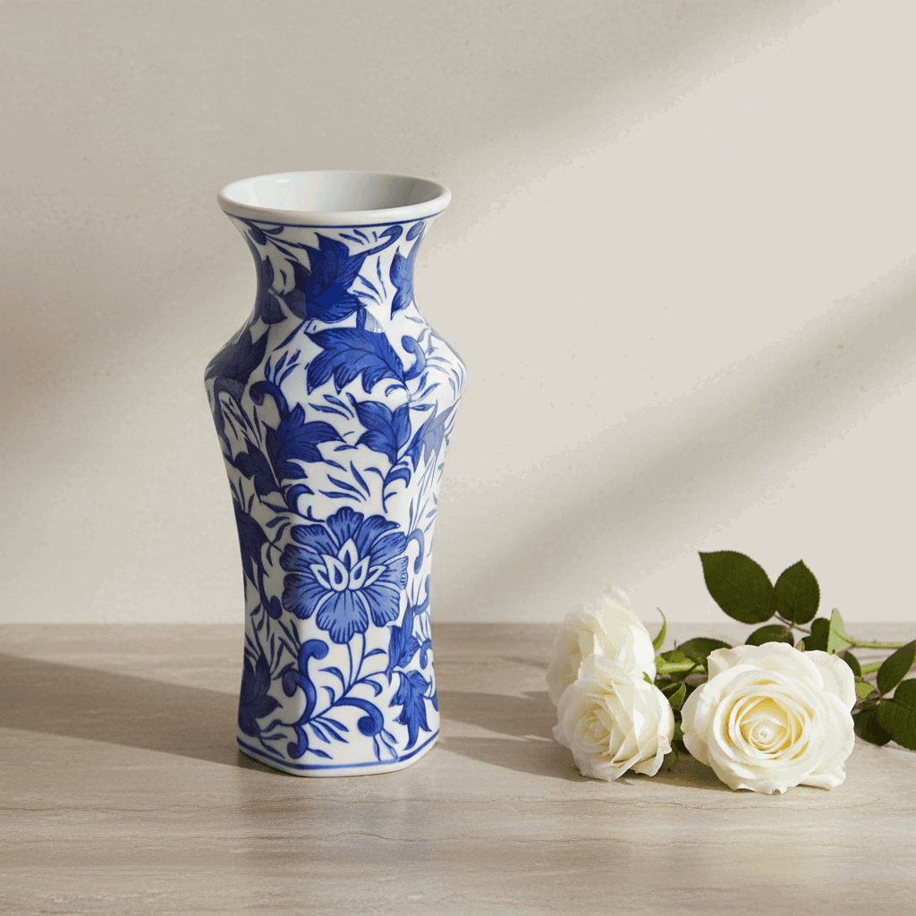 Dutch Blauw Vase Emmen - 21x10x10cm - White Blue Porcelain Ceramic