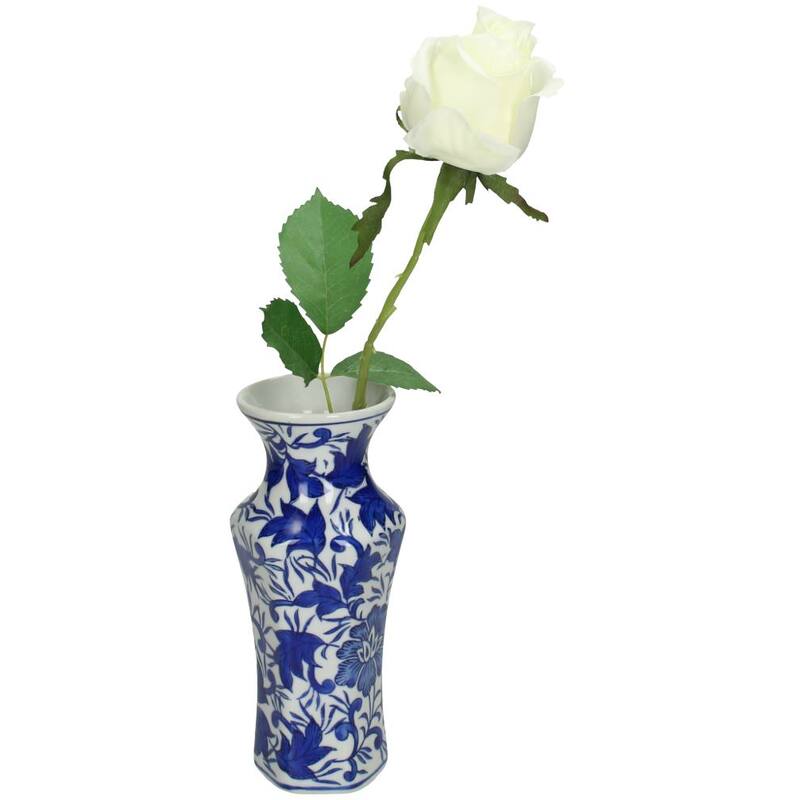 Lowlands Design Porcelain ceramic Vase with Blue Floral Pattern and White Rose