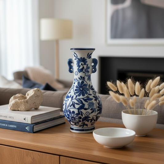 Lowlands Design porcelain chinoserie blue white vase, 30cm tall, perfect for elegant home decor