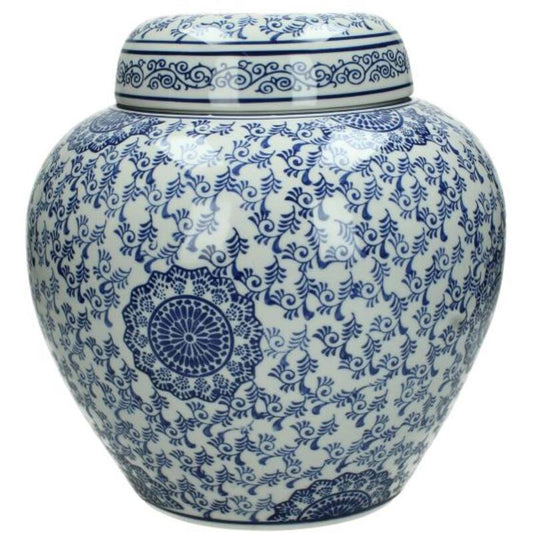 Lowlands Design porcelain ginger jar ceramic with intricate blue floral patterns and a decorative lid