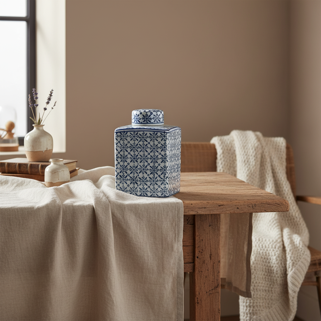 Ginger Jar Pot Almelo - 17x10x11cm - White Blue Porcelain