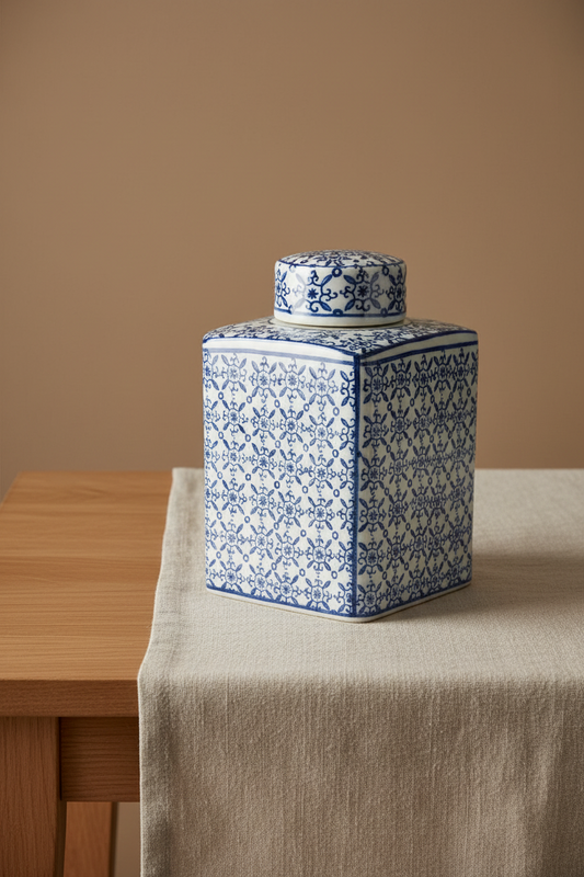 Ginger Jar Pot Almelo - 17x10x11cm - White Blue Porcelain