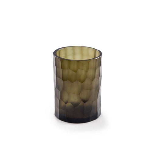 Lowlands Design textured smoky glass candleholder with a modern hammered finish