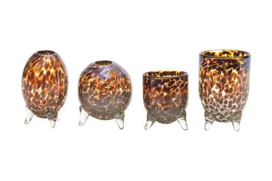 Lowlands Design vase set glass feet in brown spotted pattern with various shapes and clear glass feet