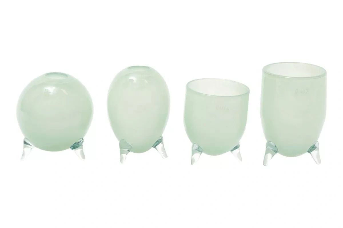 Lowlands Design vase set glass feet in various shapes with frosted green glass and clear glass feet