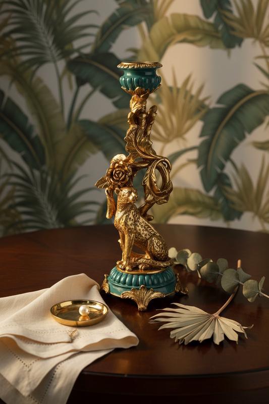 Vintage Style Leopard Candleholder - H34x12x12cm - Polyresin