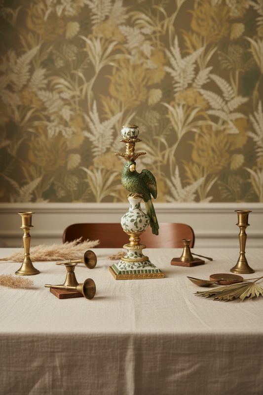 Lowlands Design vintage style candlestick parrot green with intricate details on a table setting
