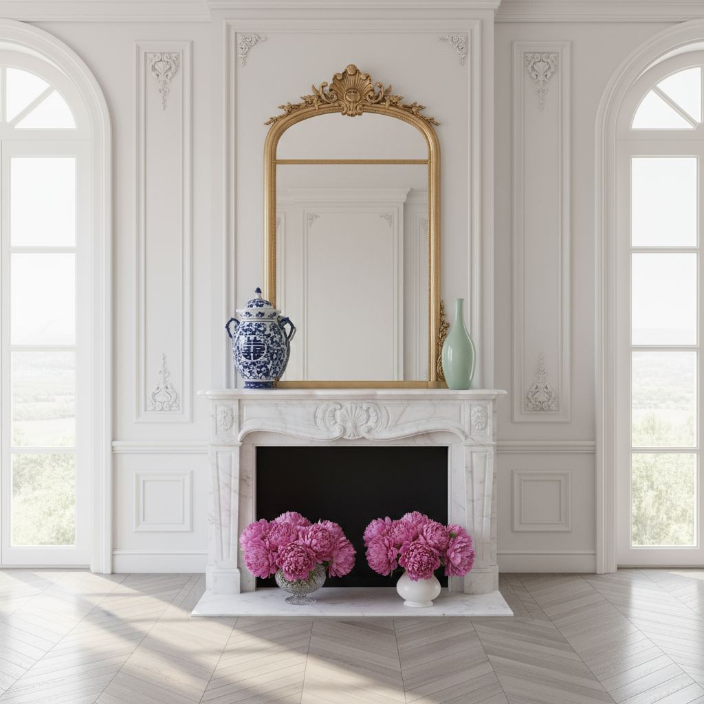 Elegant White Blue Porcelain Chinoiserie vase displayed on a fireplace with floral arrangements