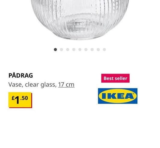 Ikea Padrag clear glass vase 17 cm priced at 1.50 pounds with best seller label