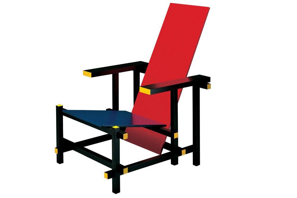Minimalist red and blue chair with black frame showcasing iconic dutch design style