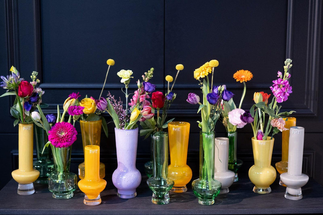 Trending DutZ Collection 2025 featuring handmade colourful mouth blown glass vases with fresh flowers