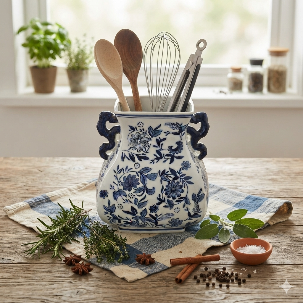Traditional Chinoiserie Flower Vase De Kooy - 30x24.5x21.5xcm - Blue White Porcelain